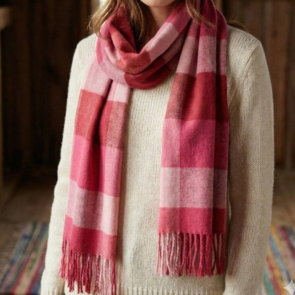 Cashmere Feel Italy Design Pink Plaid Scarf 13" x 70"
